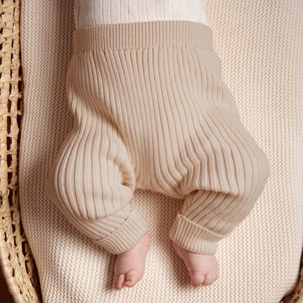 NaturaPura-Beige Organic Cotton Ribbed Knit Baby Leggings | Childrensalon