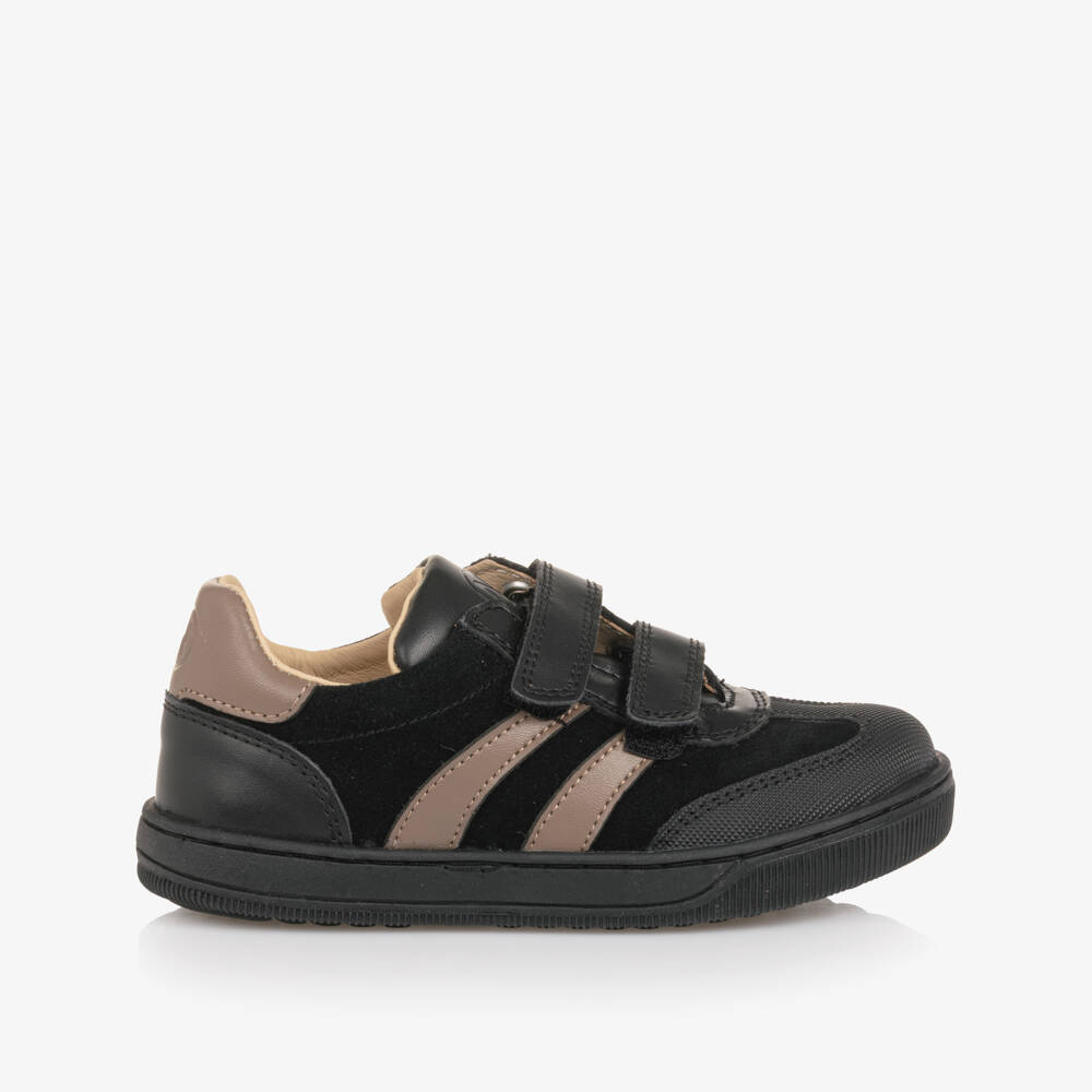 Naturino-Boys Black Suede Velcro Trainers with Brown Trim | Childrensalon