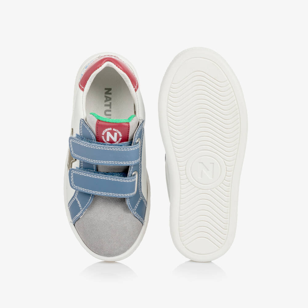 Naturino-Boys White & Grey Leather Trainers with Colourful Trims | Childrensalon