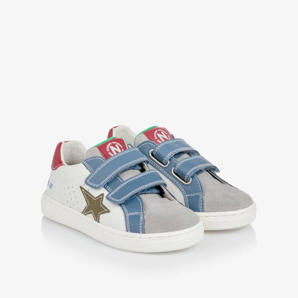 Naturino-Boys White & Grey Leather Trainers with Colourful Trims | Childrensalon