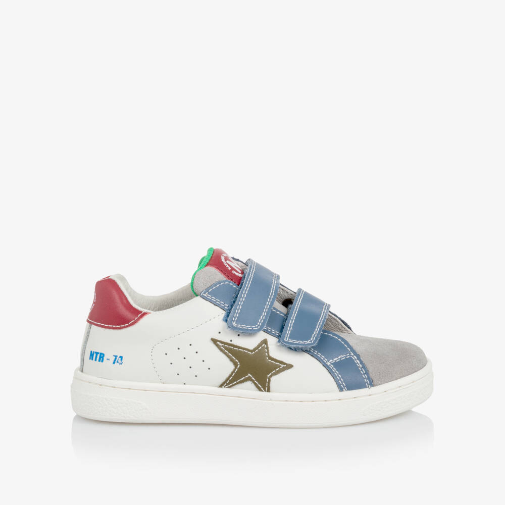 Naturino-Boys White & Grey Leather Trainers with Colourful Trims | Childrensalon