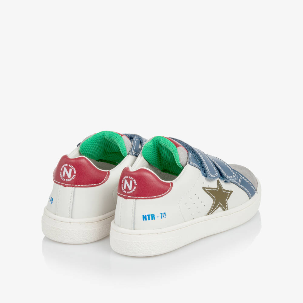 Naturino-Boys White & Grey Leather Trainers with Colourful Trims | Childrensalon