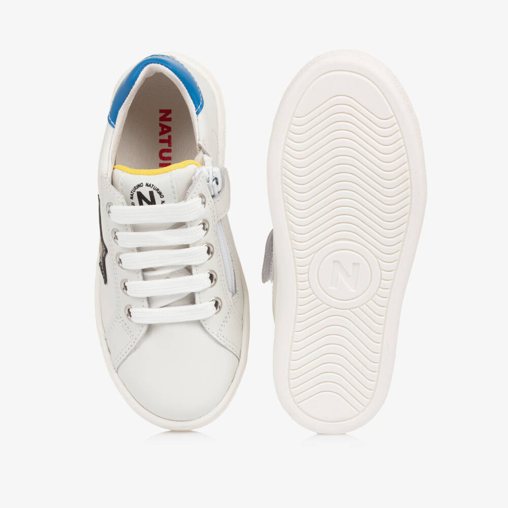 Naturino-Boys White Leather & Black Star Lace-Up Trainers | Childrensalon
