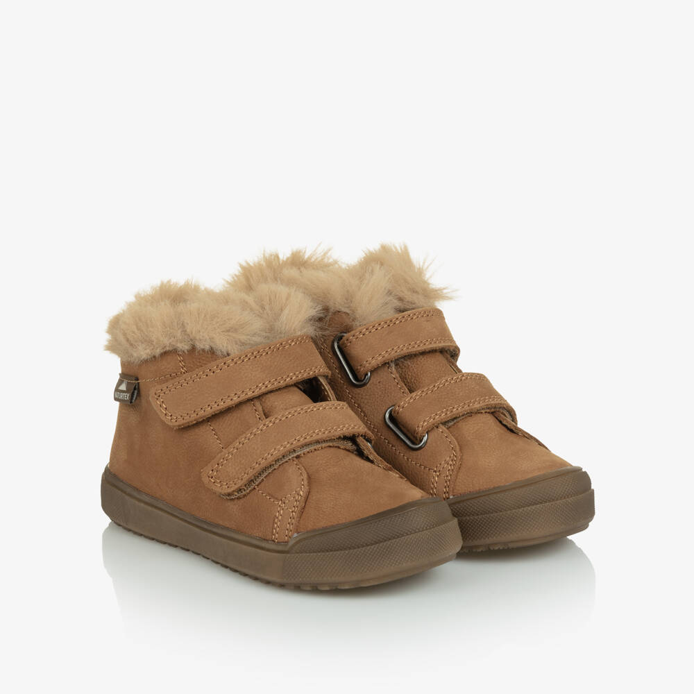 Naturino-Caramel Brown Leather Boots with Faux Fur Trim | Childrensalon