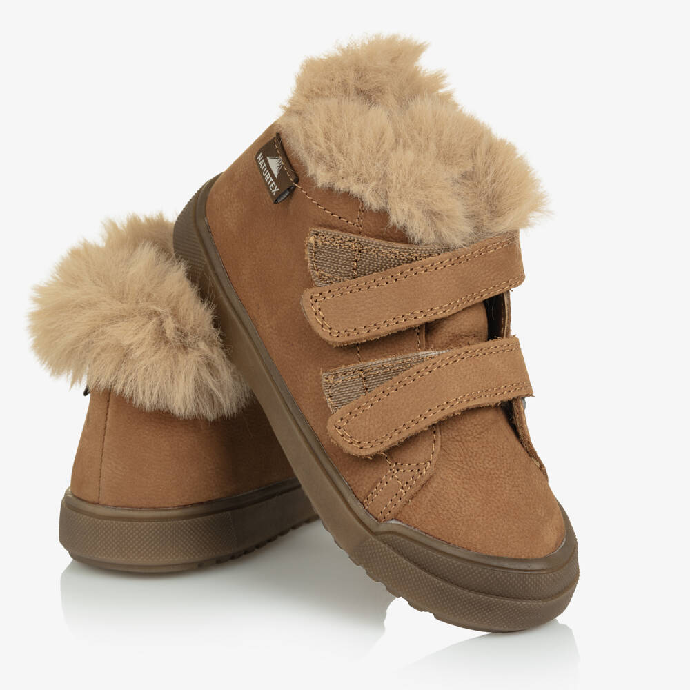 Naturino-Caramel Brown Leather Boots with Faux Fur Trim | Childrensalon