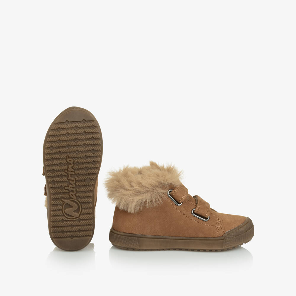 Naturino-Caramel Brown Leather Boots with Faux Fur Trim | Childrensalon