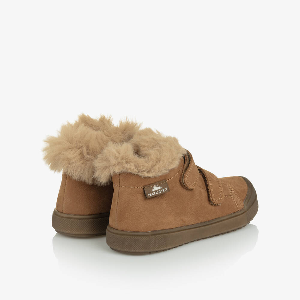 Naturino-Caramel Brown Leather Boots with Faux Fur Trim | Childrensalon