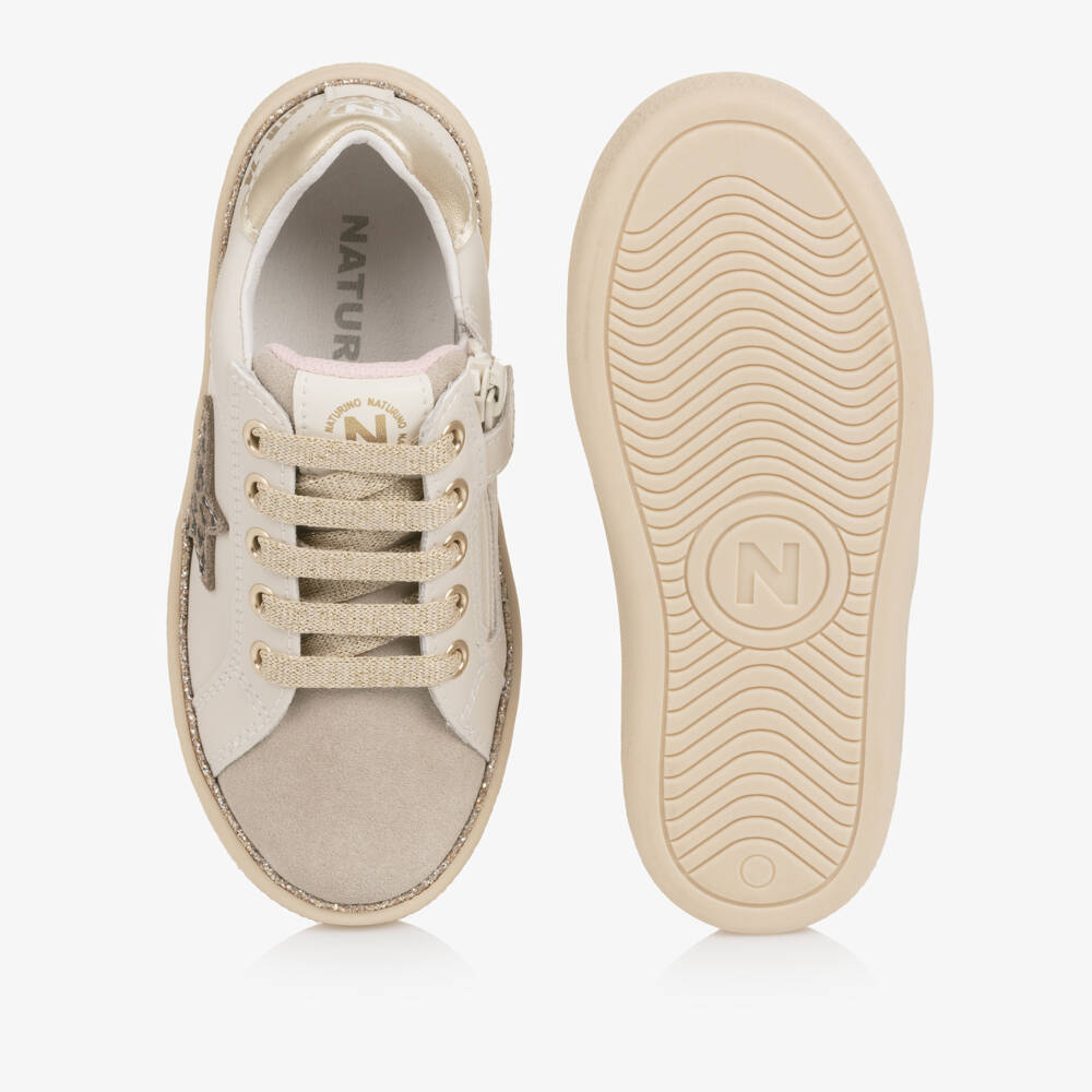 Naturino-Girls Beige Leather Leopard Star Trainers | Childrensalon