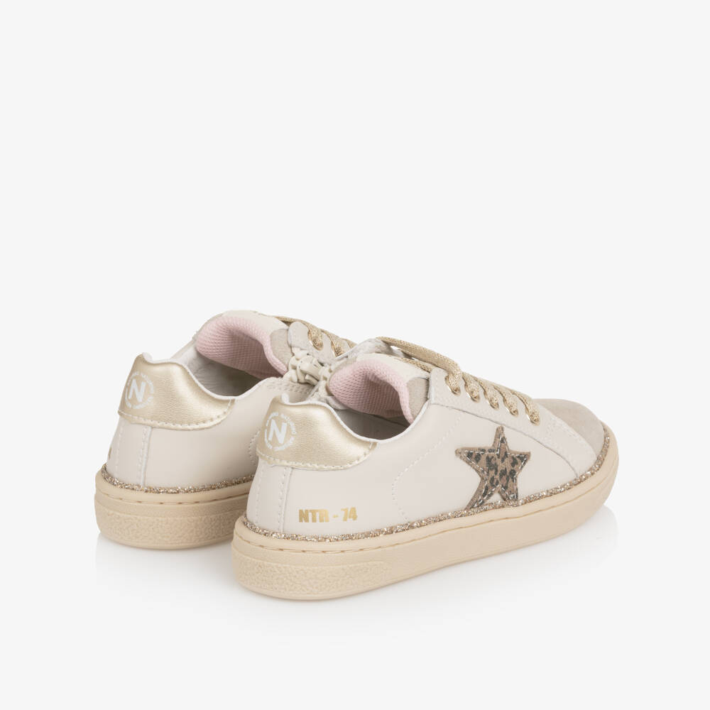 Naturino-Girls Beige Leather Leopard Star Trainers | Childrensalon