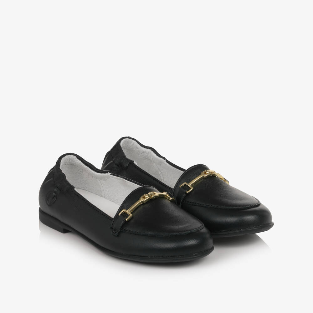 Naturino-Girls Black Leather Loafers with Horsebit Trim | Childrensalon