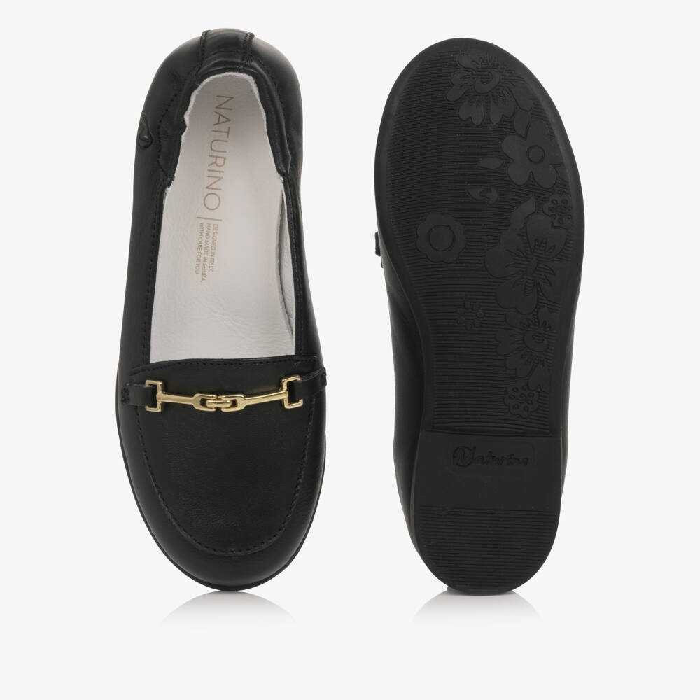 Naturino-Girls Black Leather Loafers with Horsebit Trim | Childrensalon