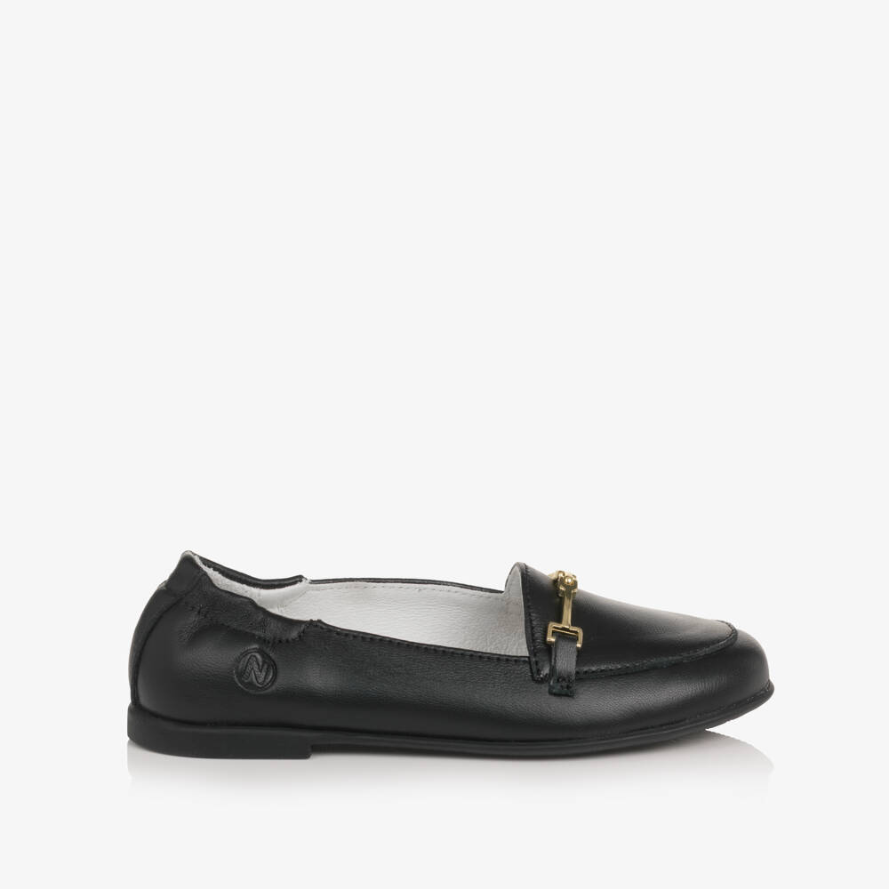 Naturino-Girls Black Leather Loafers with Horsebit Trim | Childrensalon