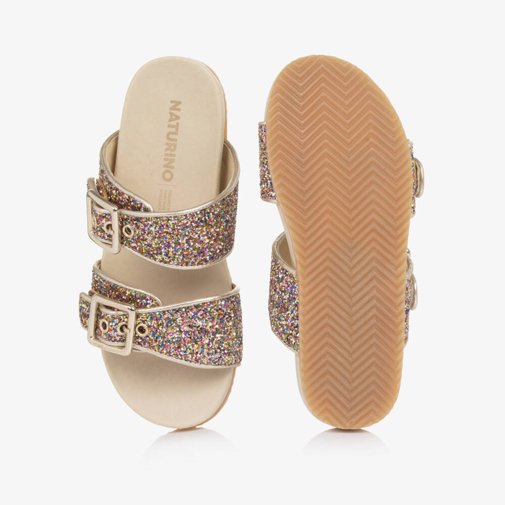 Naturino-Girls Glitter Embellished Gold Sliders | Childrensalon