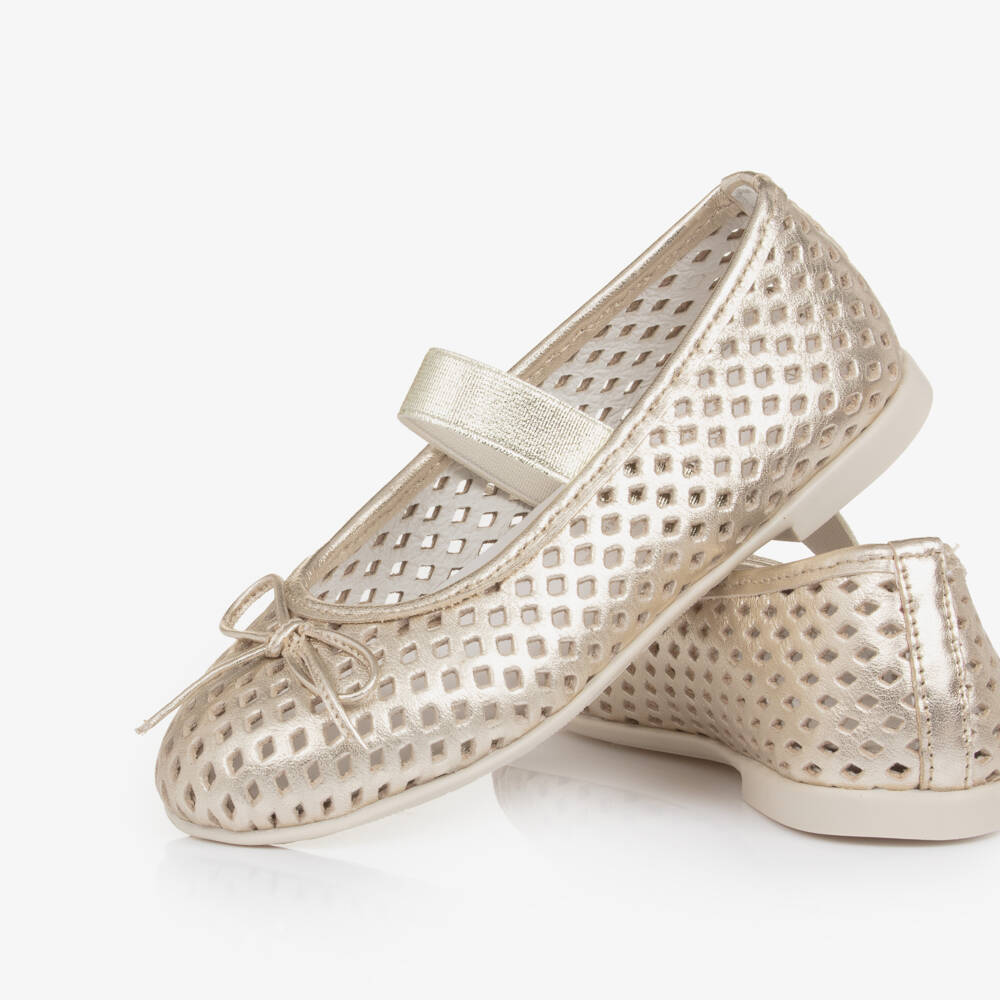 Naturino-Girls Gold Cut Out Leather Ballerina Pumps | Childrensalon