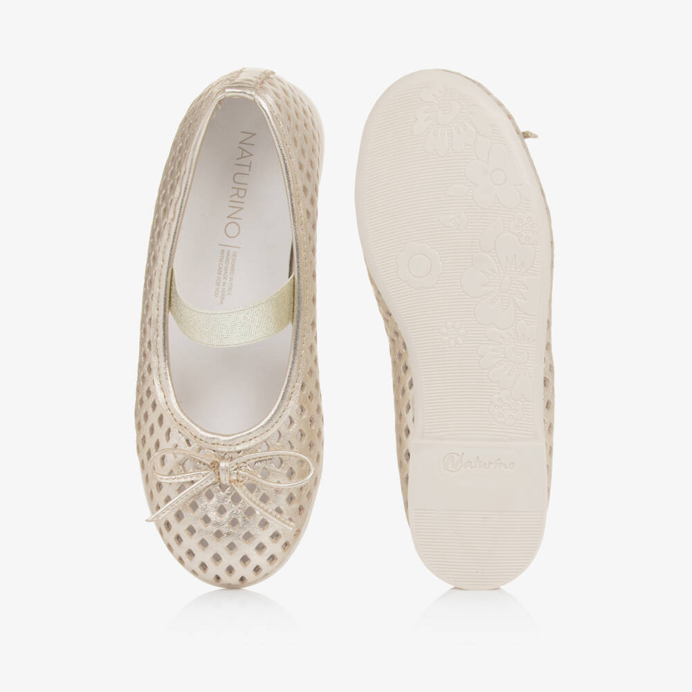 Naturino-Girls Gold Cut Out Leather Ballerina Pumps | Childrensalon
