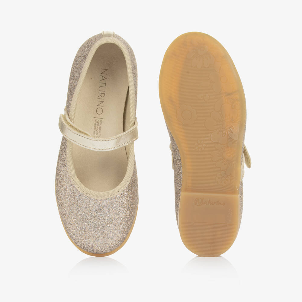 Naturino-Girls Gold Glitter Leather Mary Jane Shoes | Childrensalon