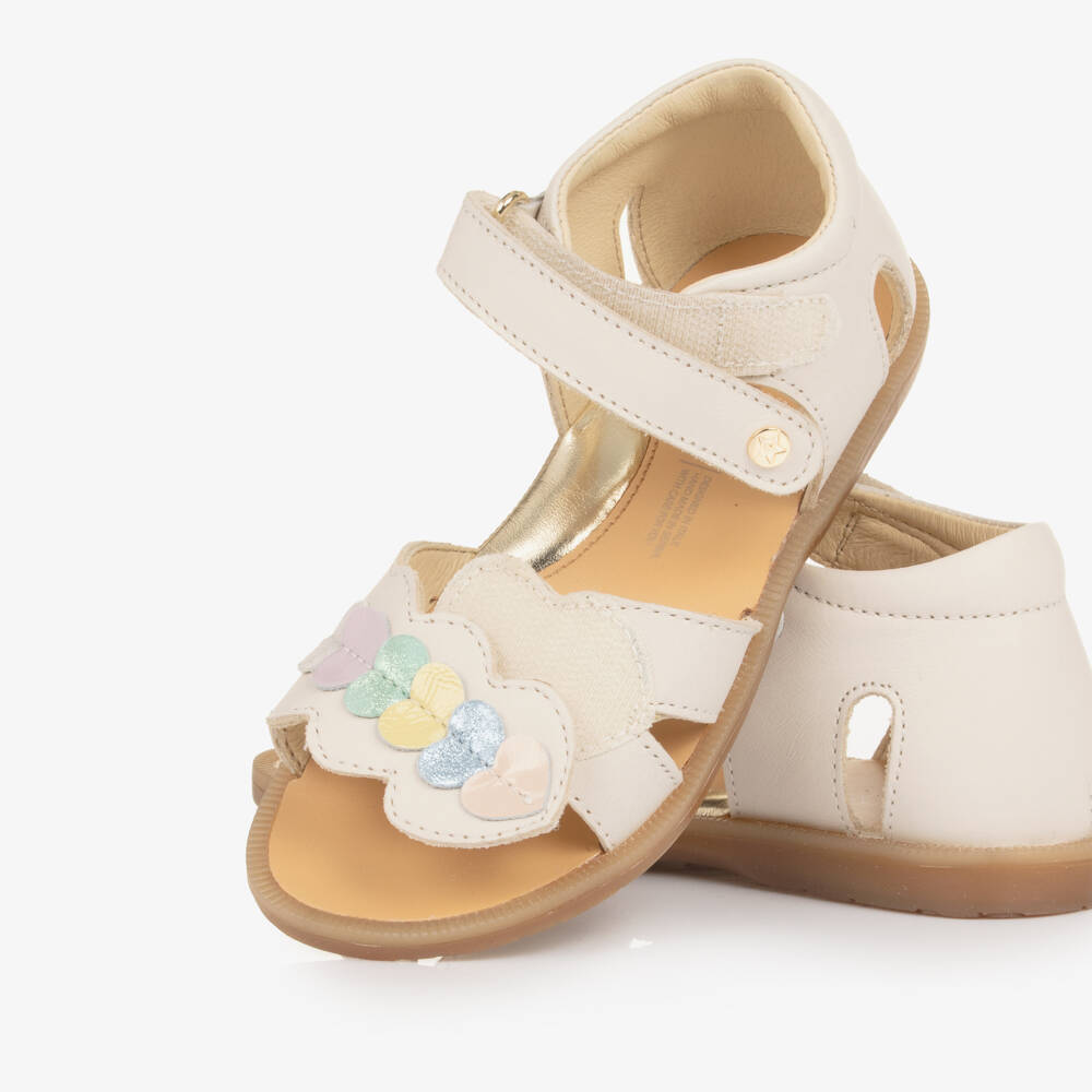 Naturino-Girls Ivory Leather Sandals with Heart Motifs | Childrensalon