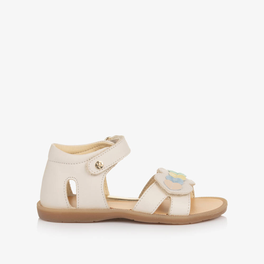 Naturino-Girls Ivory Leather Sandals with Heart Motifs | Childrensalon