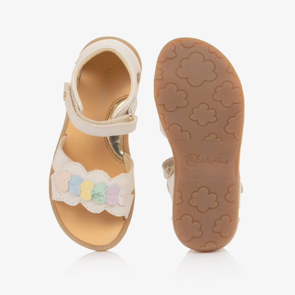 Naturino-Girls Ivory Leather Sandals with Heart Motifs | Childrensalon