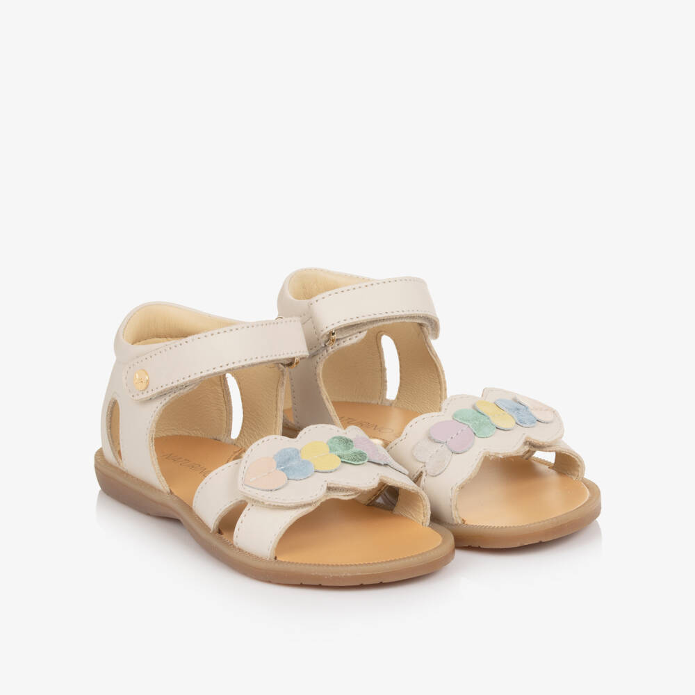Naturino-Girls Ivory Leather Sandals with Heart Motifs | Childrensalon