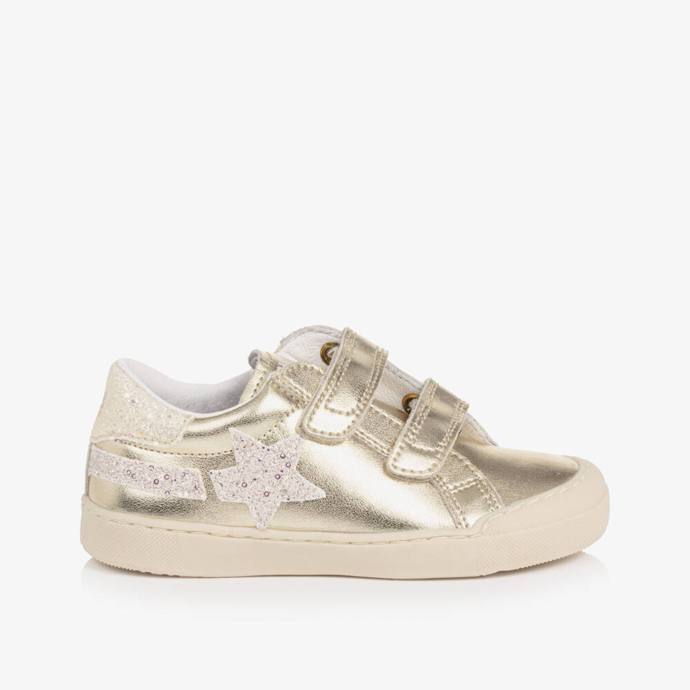 Naturino-Girls Metallic Gold Leather Trainers with Glitter Trims | Childrensalon