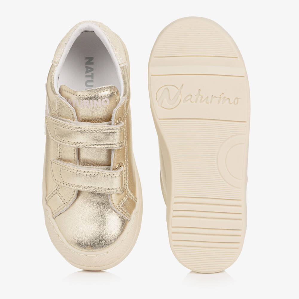 Naturino-Girls Metallic Gold Leather Trainers with Glitter Trims | Childrensalon