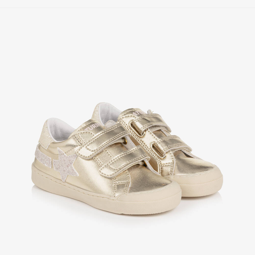 Naturino-Girls Metallic Gold Leather Trainers with Glitter Trims | Childrensalon