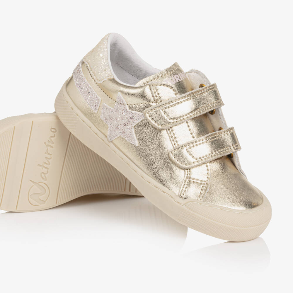 Naturino-Girls Metallic Gold Leather Trainers with Glitter Trims | Childrensalon
