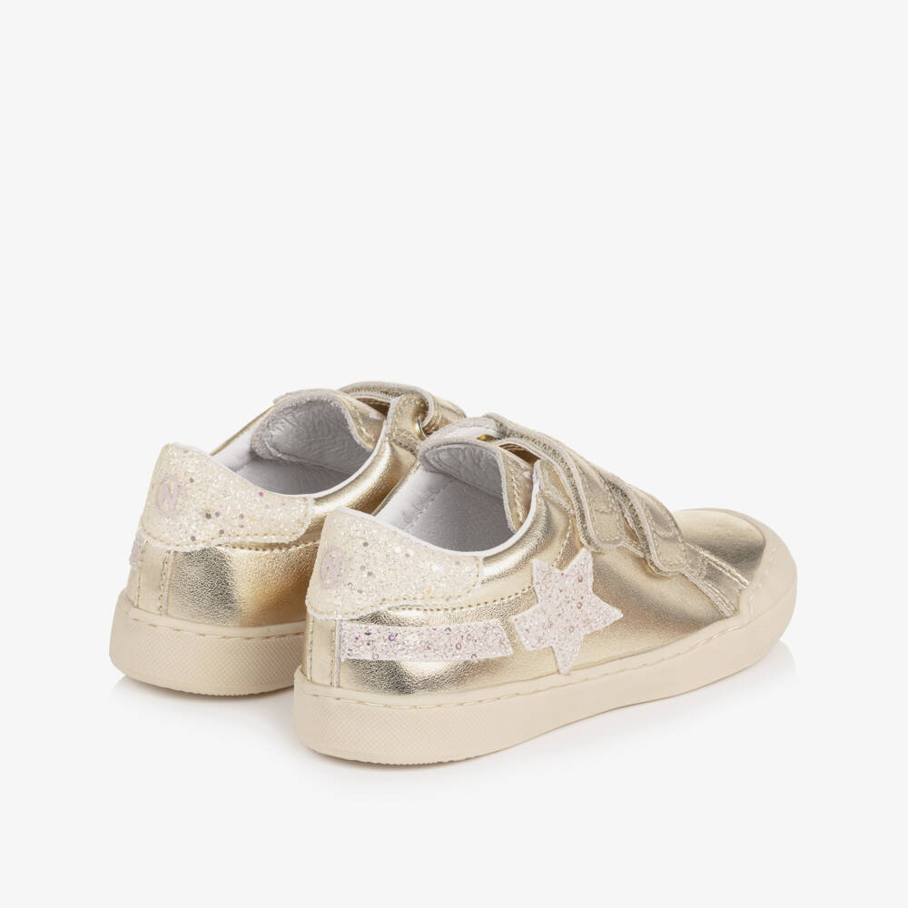 Naturino-Girls Metallic Gold Leather Trainers with Glitter Trims | Childrensalon