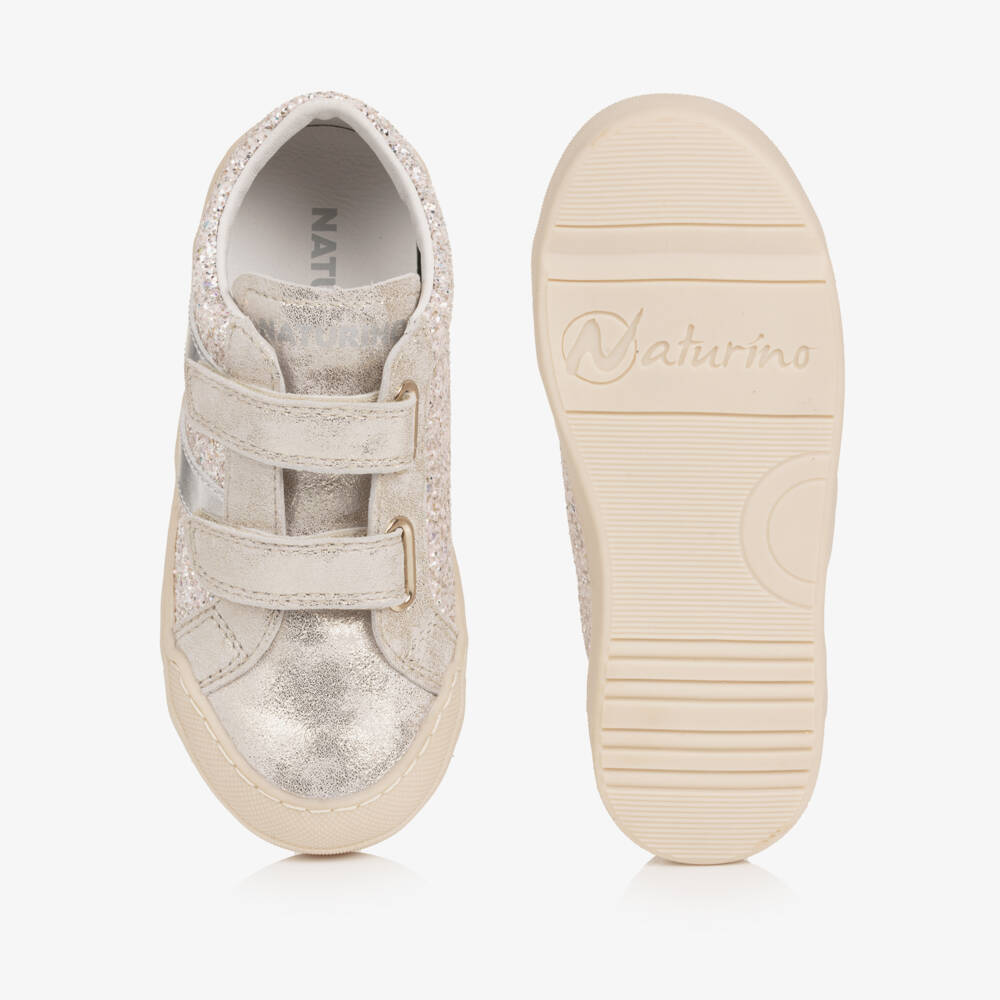 Naturino-Girls Silver Glitter Distressed Leather Trainers | Childrensalon