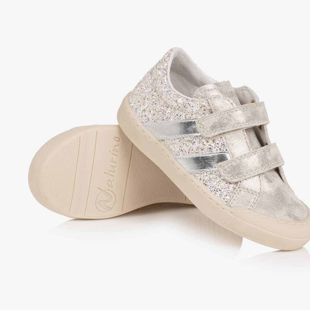 Naturino-Girls Silver Glitter Distressed Leather Trainers | Childrensalon