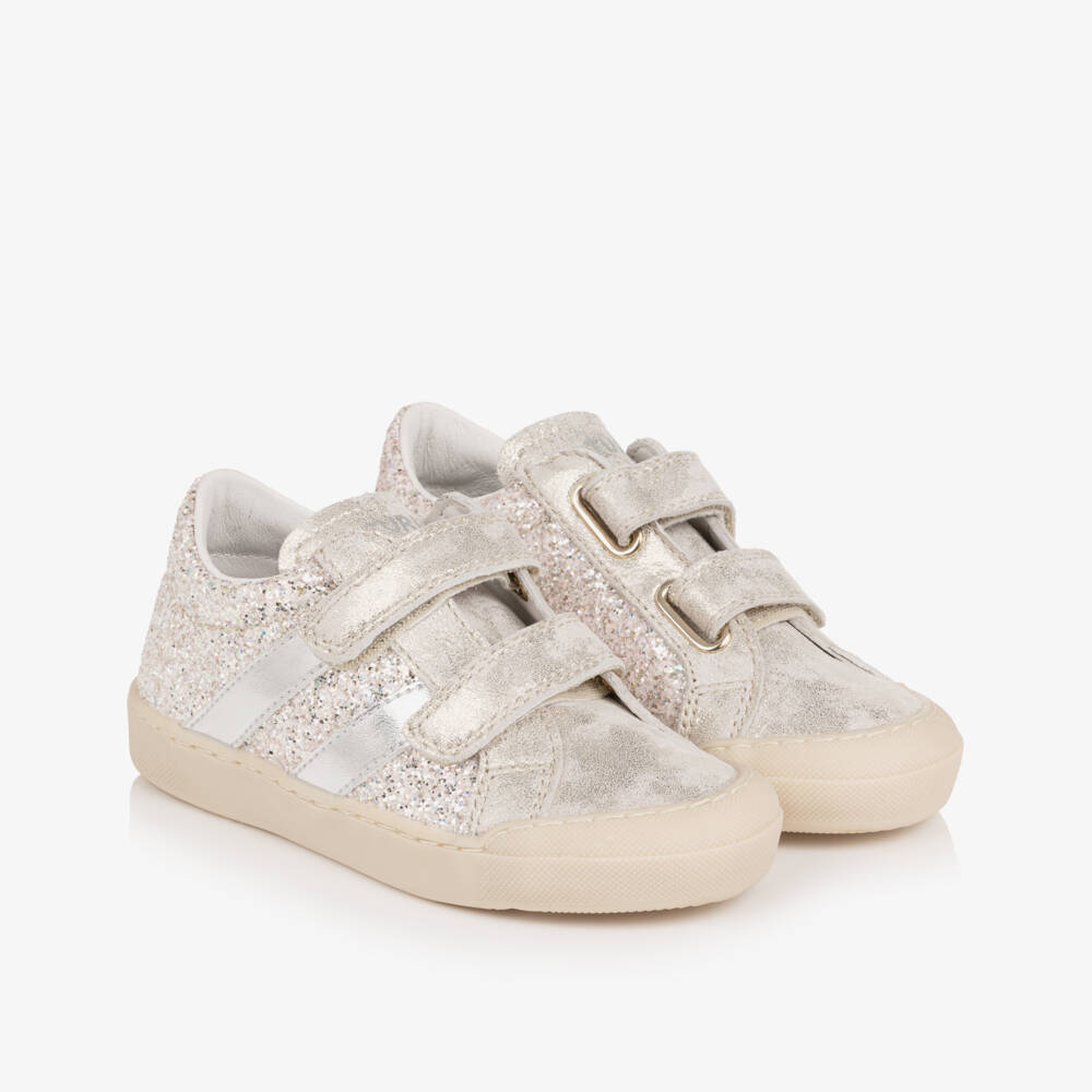 Naturino-Girls Silver Glitter Distressed Leather Trainers | Childrensalon