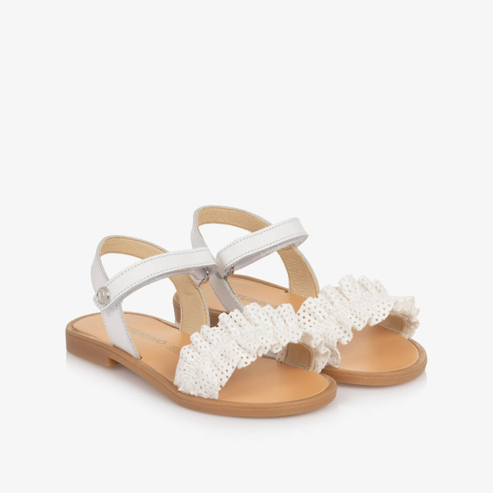 Naturino-Girls White Leather Sandals with Frill | Childrensalon