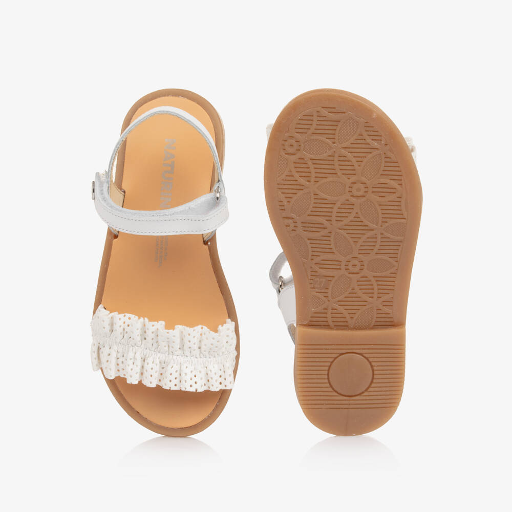 Naturino-Girls White Leather Sandals with Frill | Childrensalon