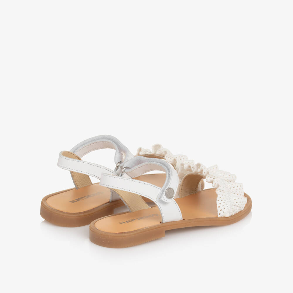 Naturino-Girls White Leather Sandals with Frill | Childrensalon