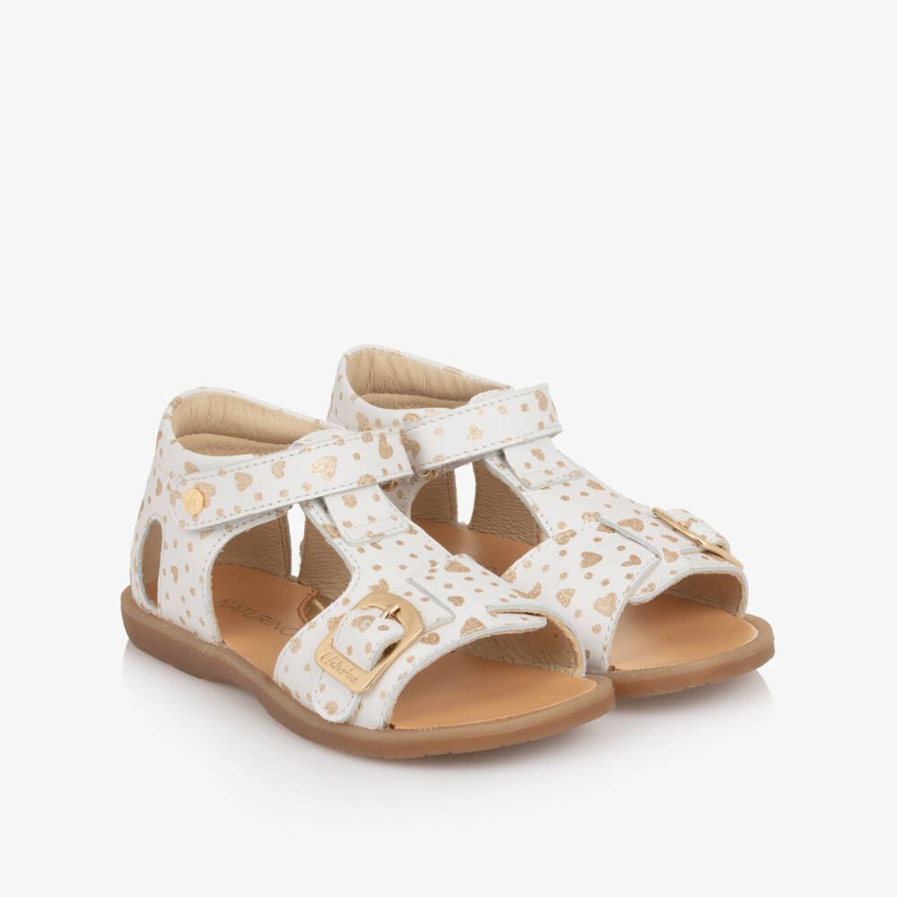 Naturino-Girls White Leather Sandals with Gold Hearts | Childrensalon