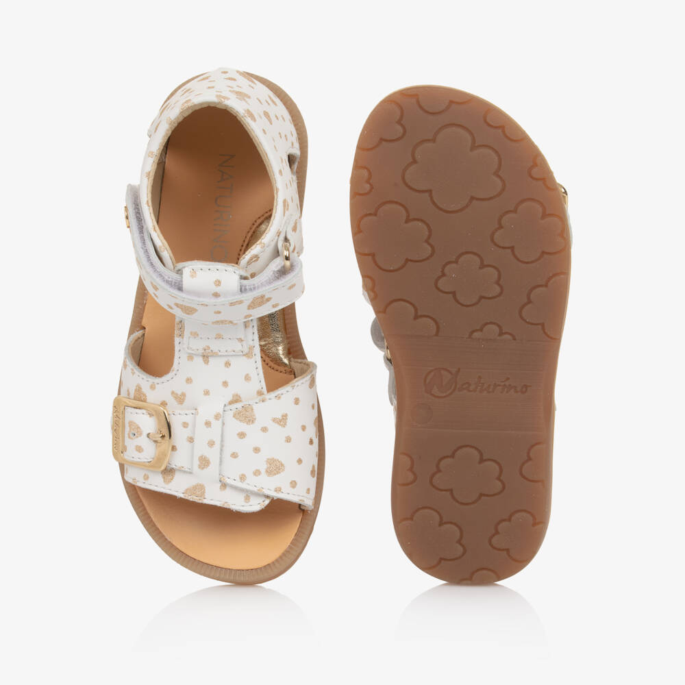 Naturino-Girls White Leather Sandals with Gold Hearts | Childrensalon