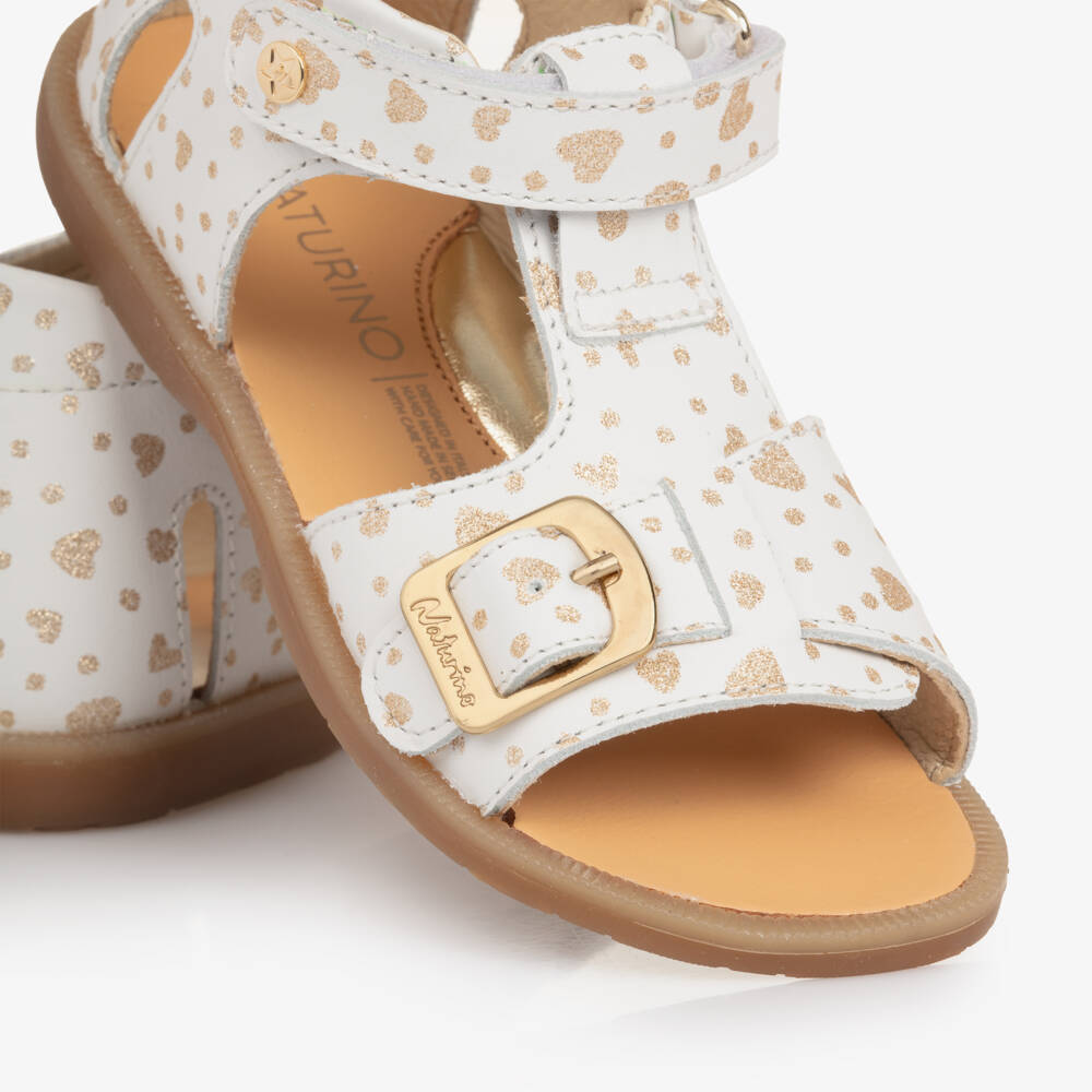 Naturino-Girls White Leather Sandals with Gold Hearts | Childrensalon