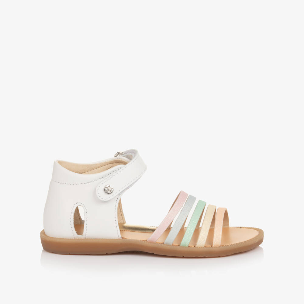 Naturino-Girls White Leather Sandals with Multicoloured Straps | Childrensalon