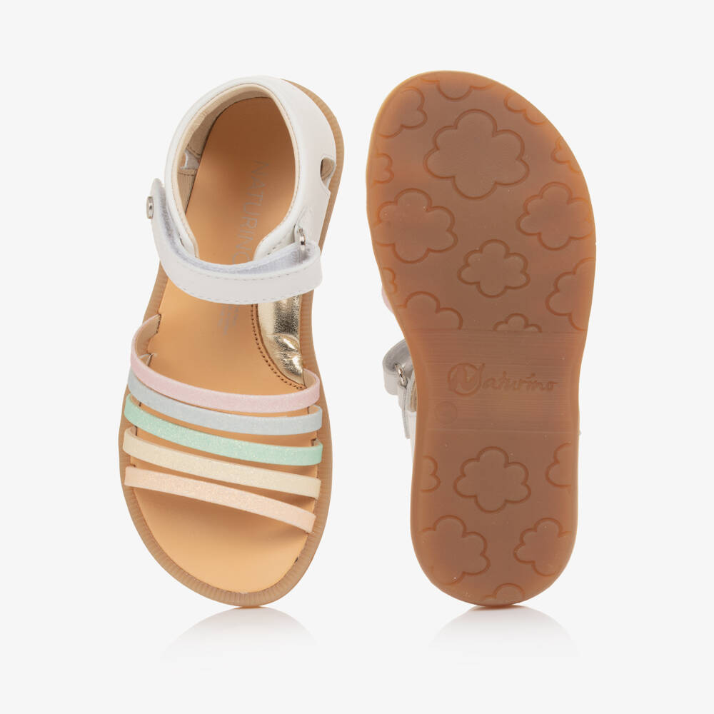 Naturino-Girls White Leather Sandals with Multicoloured Straps | Childrensalon