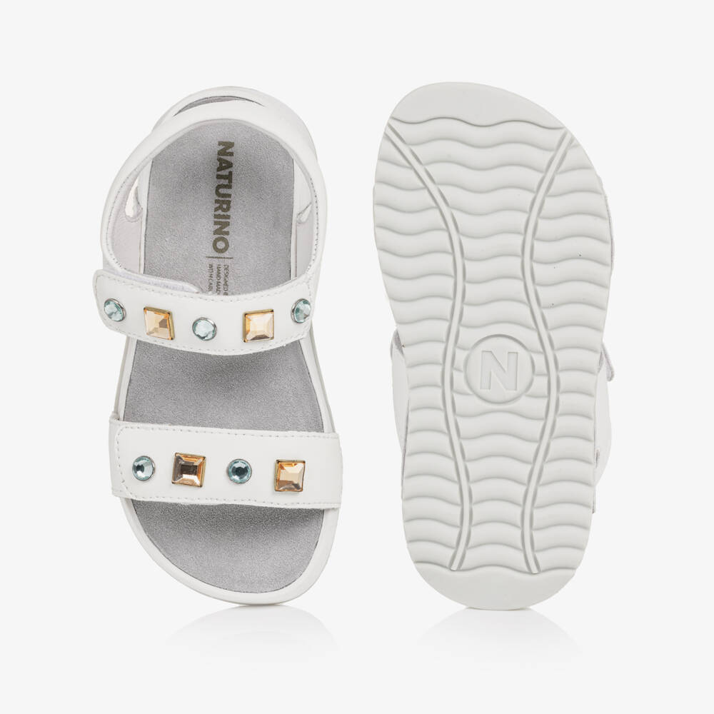 Naturino-Girls White Leather Sandals with Rhinestones | Childrensalon