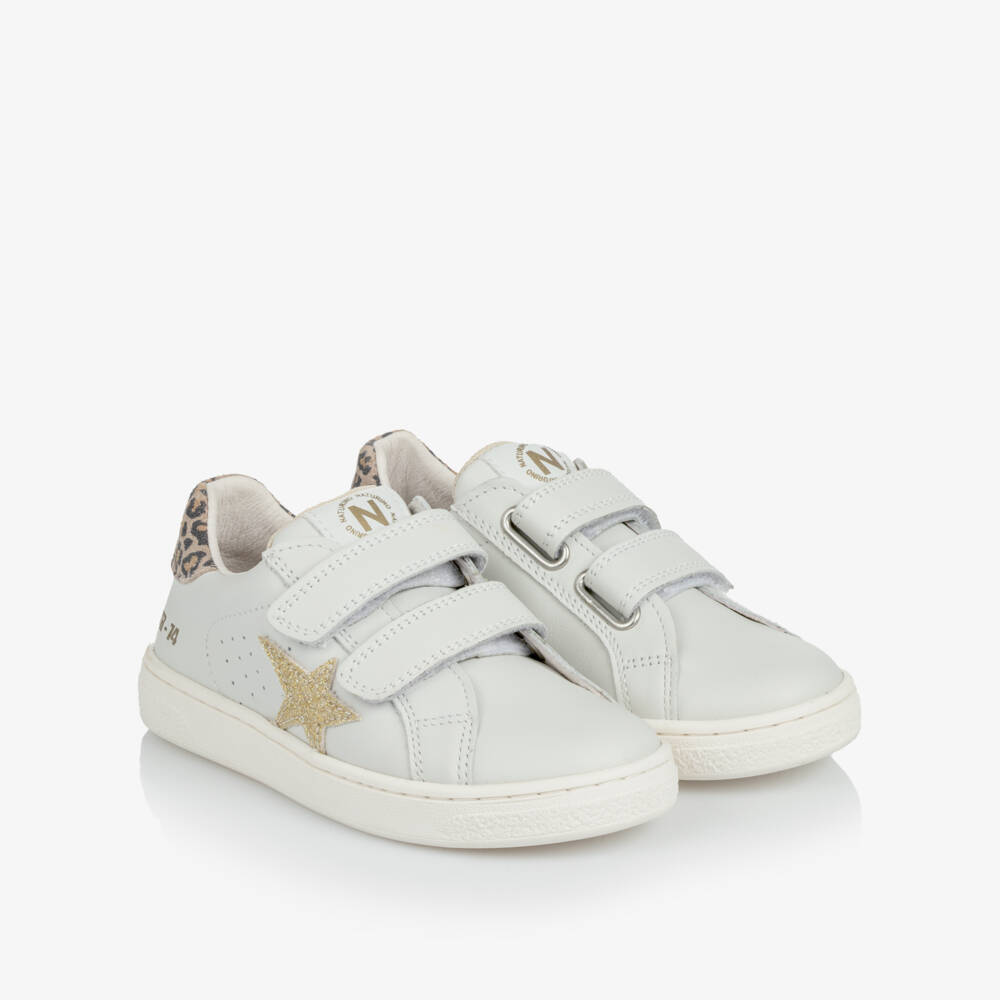 Naturino-Girls White Leather Trainers with Gold Star & Leopard Trim | Childrensalon