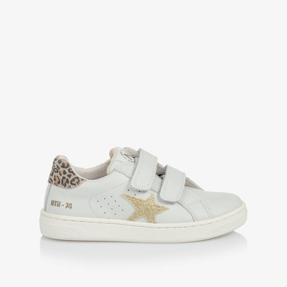 Naturino-Girls White Leather Trainers with Gold Star & Leopard Trim | Childrensalon