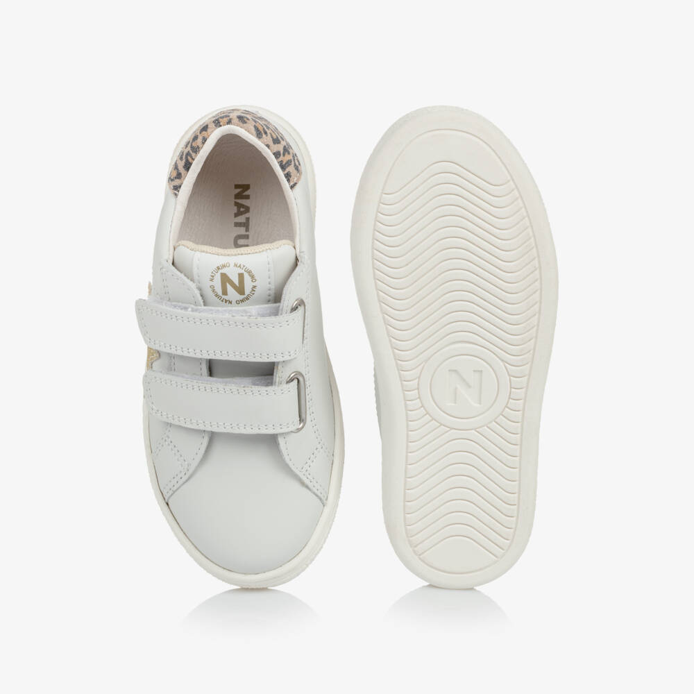 Naturino-Girls White Leather Trainers with Gold Star & Leopard Trim | Childrensalon