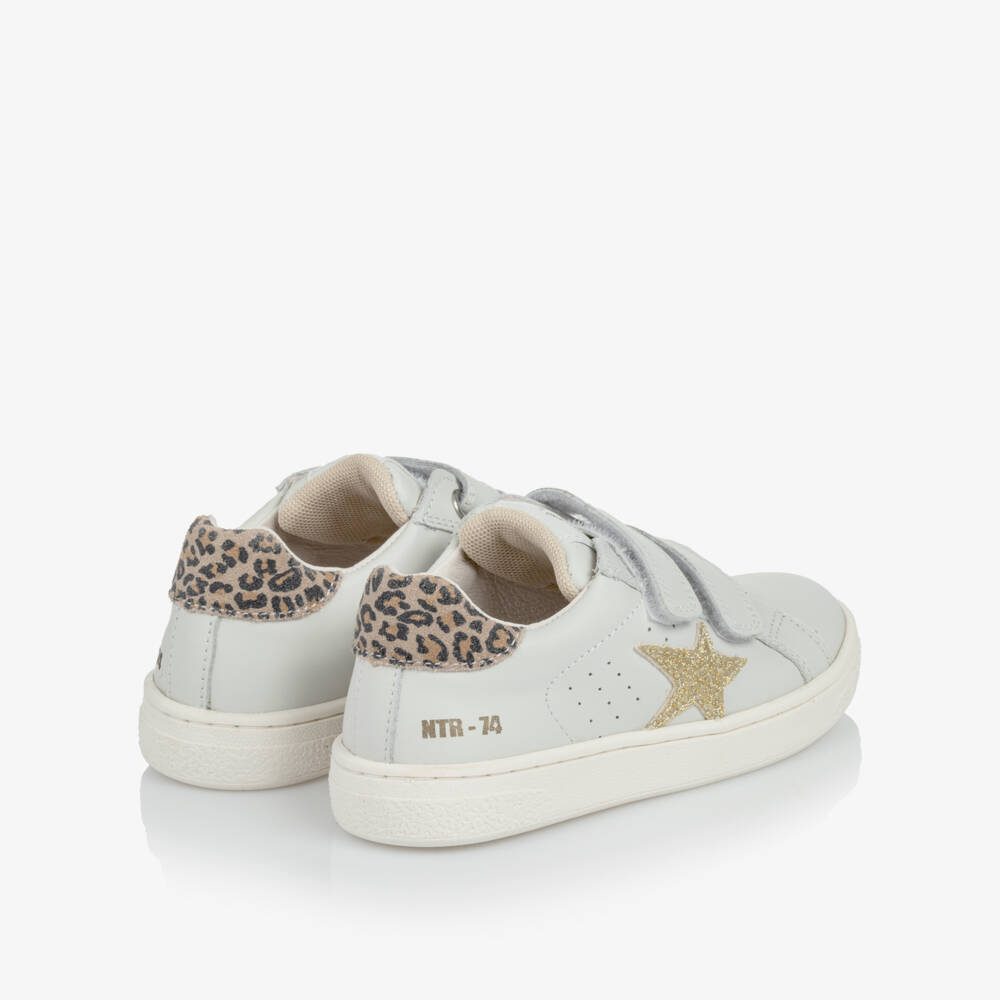 Naturino-Girls White Leather Trainers with Gold Star & Leopard Trim | Childrensalon