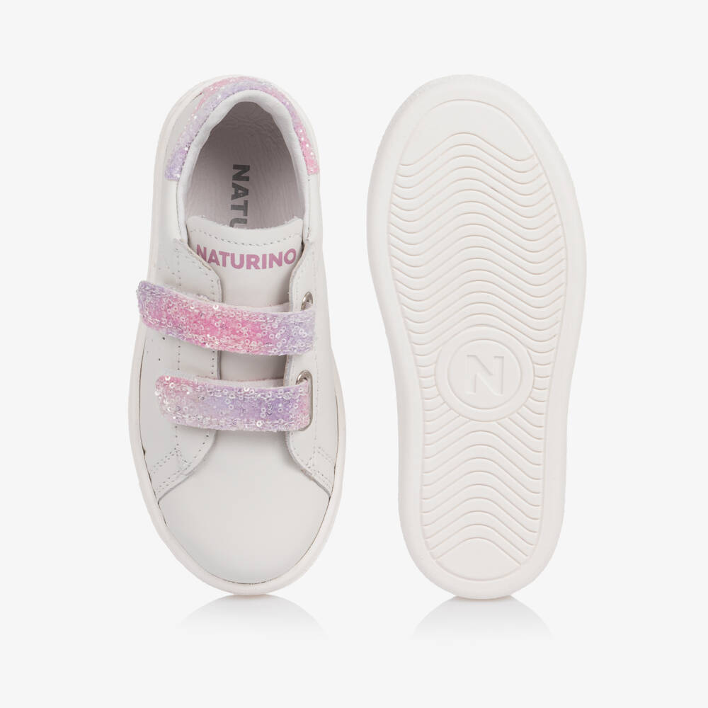 Naturino-Girls White Leather Trainers with Pink Glitter | Childrensalon