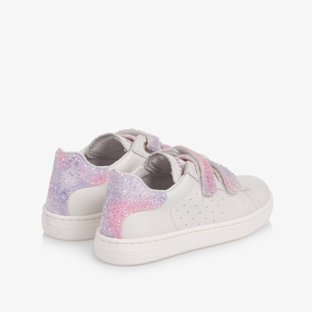 Naturino-Girls White Leather Trainers with Pink Glitter | Childrensalon