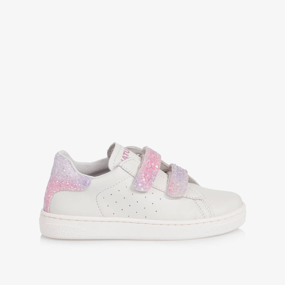 Naturino-Girls White Leather Trainers with Pink Glitter | Childrensalon