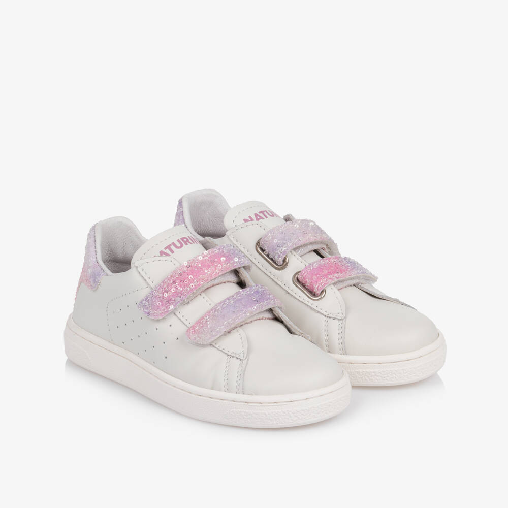 Naturino-Girls White Leather Trainers with Pink Glitter | Childrensalon