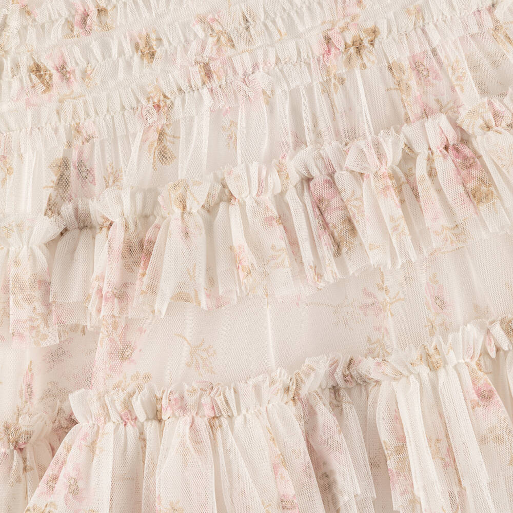 Needle & Thread-فستان تول مزين بكشكش وطبعة ورود لون عاجي وزهري | Childrensalon